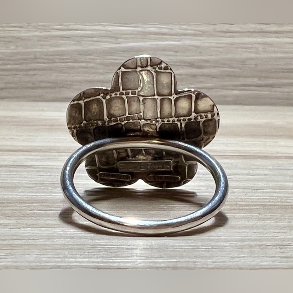 Retro Designer Sterling Silver & Gold Modernist Textured Flower Ring, Size 8 - Picture 4 of 10